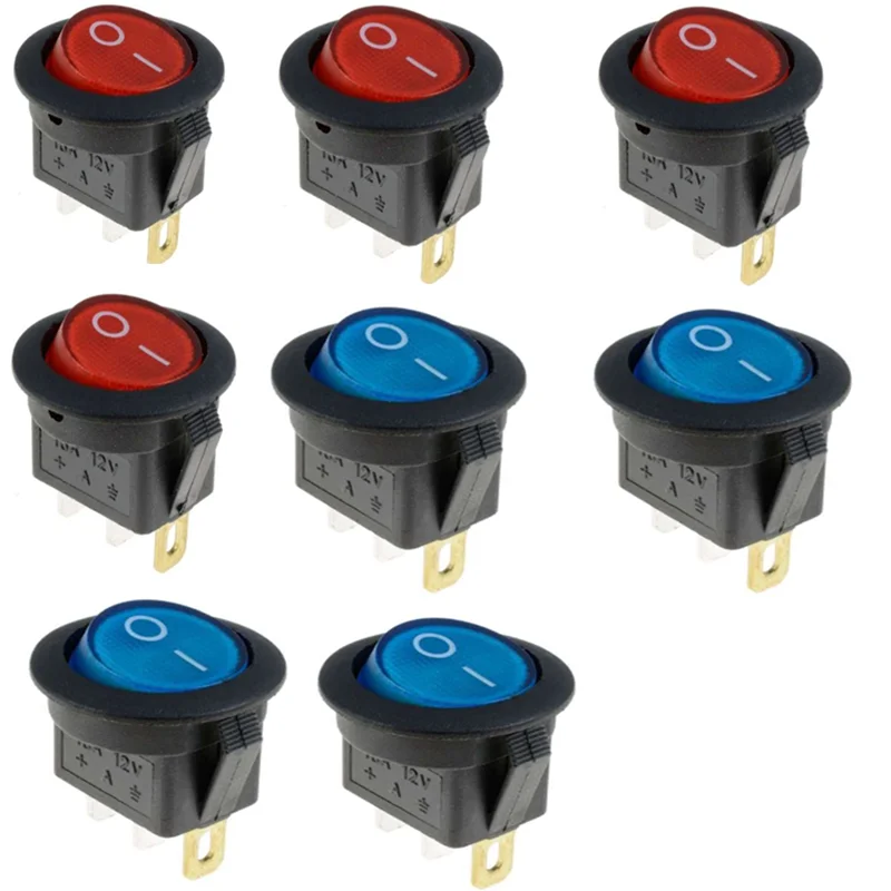 8-Pack Red LED Round Rocker Switches - Heavy-Duty On/Off Snap Design