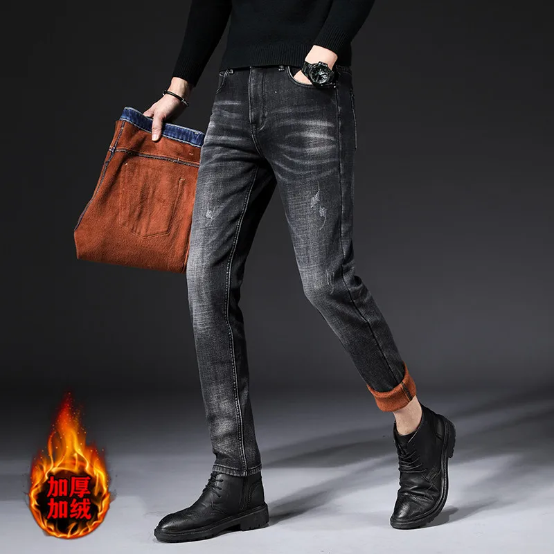 

2023 Autumn and Winter New Fashion Trend Straight Tube Plus Fleece Jeans Men's Casual Comfort Thick Warm High Quality Pants