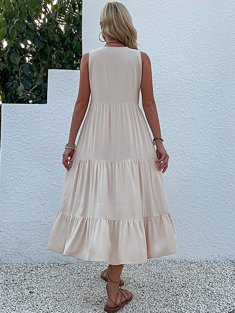 Casual Summer Midi Dress Women Sleeveless Tank V Neck Buttons Ruffle Loose Dresses Beach Soild Sundress Fashion 4
