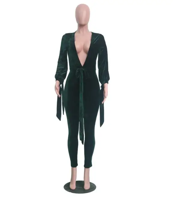 

Blue Red Green New Jumpsuits Long Sleeve Hollow Deep V-neck Stretch Tight Sexy Bandage Rompers Puff Sleeve Straps Jumpsuit