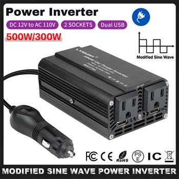 12V to 110V Power INVERTER 300 W/500 W แบบพกพารถแรงดันไฟฟ้า Transformer Converter 60Hz Dual USB 2 US ซ็อกเก็ต 60Hz สําหรับกลางแจ้ง RV 1