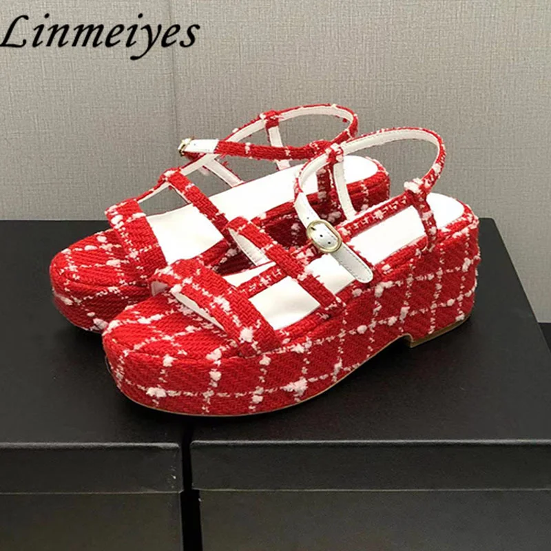 

Fashion Round Toe Wedges Heels Sandals Women Hot Sale Gingham Thick Sole Shoes Women Buckle Strap Platform Sandals Woman