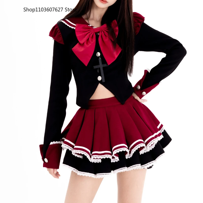 

Japanese Preppy Style Lolita Two Piece Set Women Sweet Bow Sailor Collar Short Tops JK Mini Skirt Suit Female Gothic Y2k Outfitn