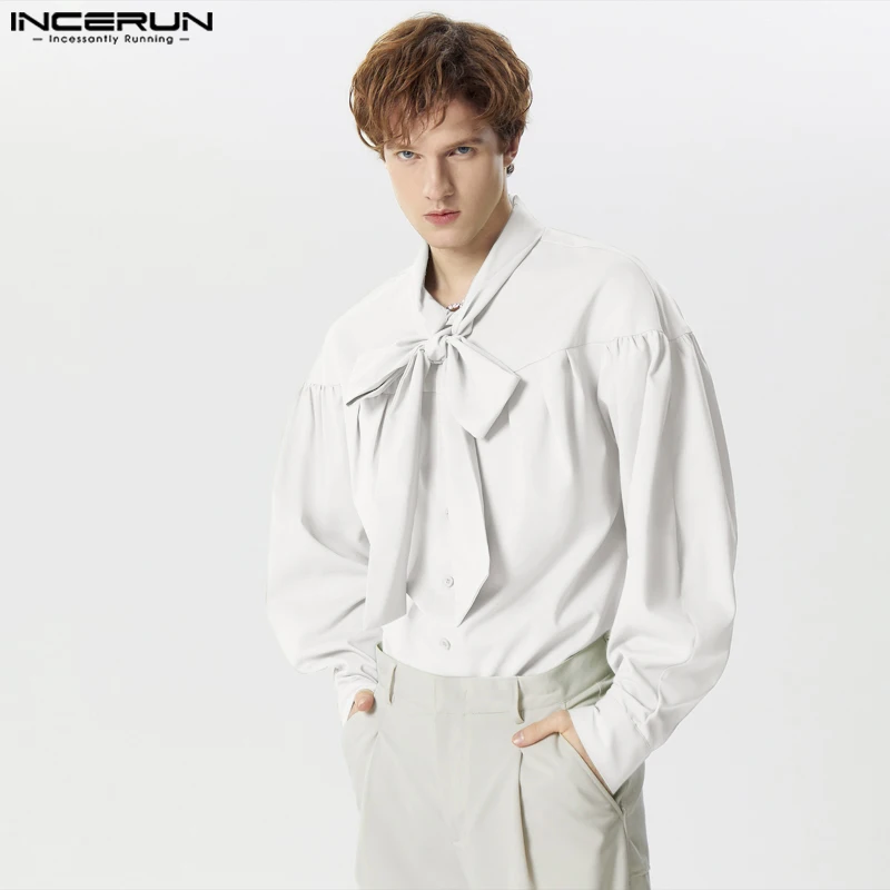 

Топы INCERUN 2024, красивые мужские рубашки с привязанным воротником и рукавами «Бишоп», повседневные однотонные простые мужские блузки с длинными рукавами