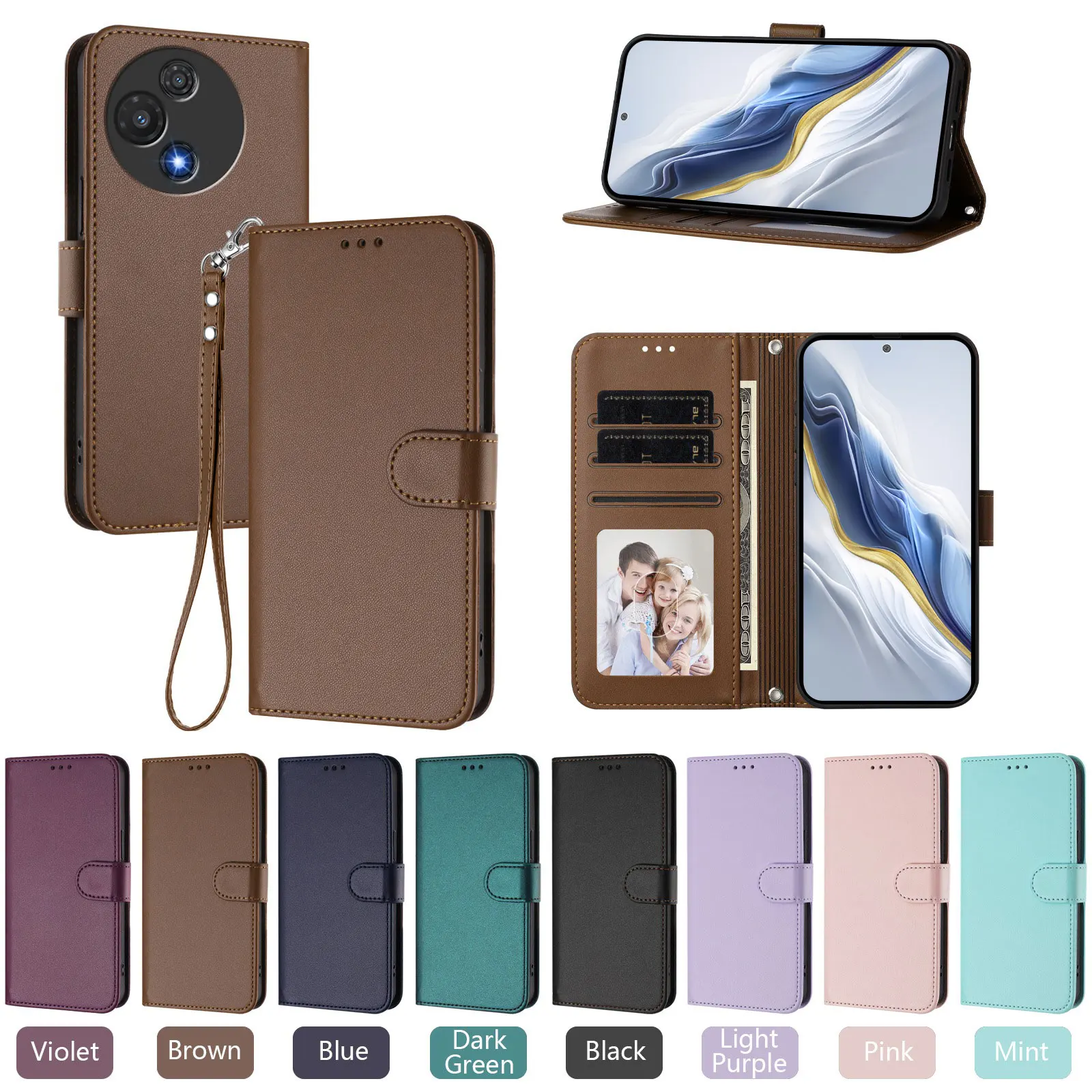Leather Flip Wallet Lanyard Case with Magnetic Book Cover Stand Holder