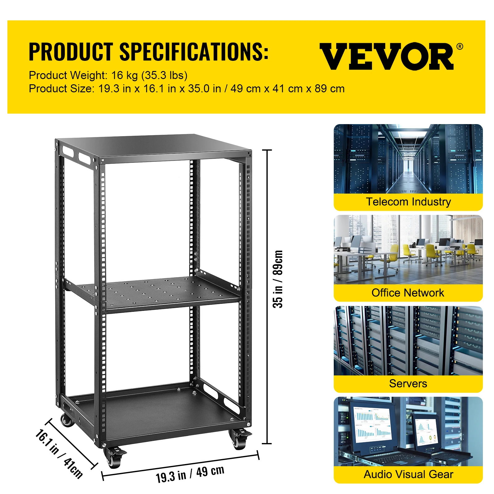 VEVOR 4 Post Open Frame Server Rack 12/15/18/27 U Design Cold-Rolled Steel Warehouse Shelf W/ Casters Network Cabinet for Office power tool bag Tool Storage Items