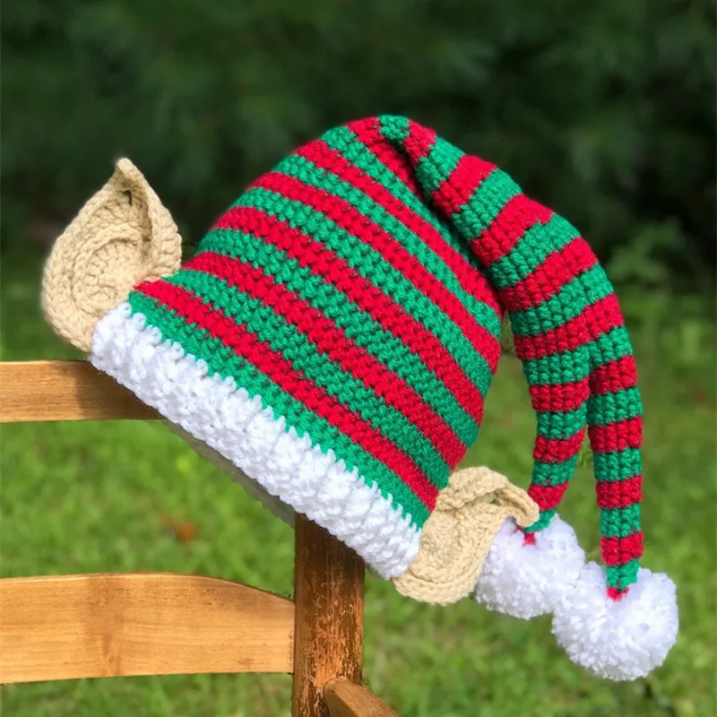 Christmas Elf Hat Long Tail Crochet Beanie Children Women Men Knit Kid Cap Green Red And White Stripe Winter Santa Costume Props