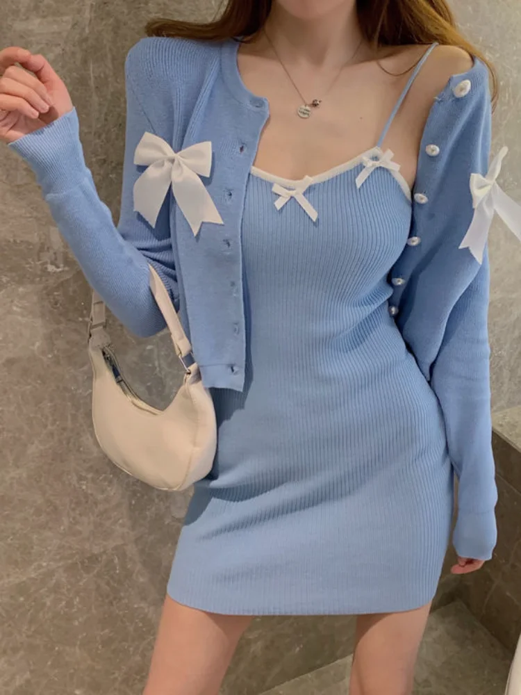 

QWEEK Sexy Bodycon Slip Dress Women Korean Style Kpop Knit Knitted Spaghetti Strap Blue Mini Short Dresses 2023 Autumn