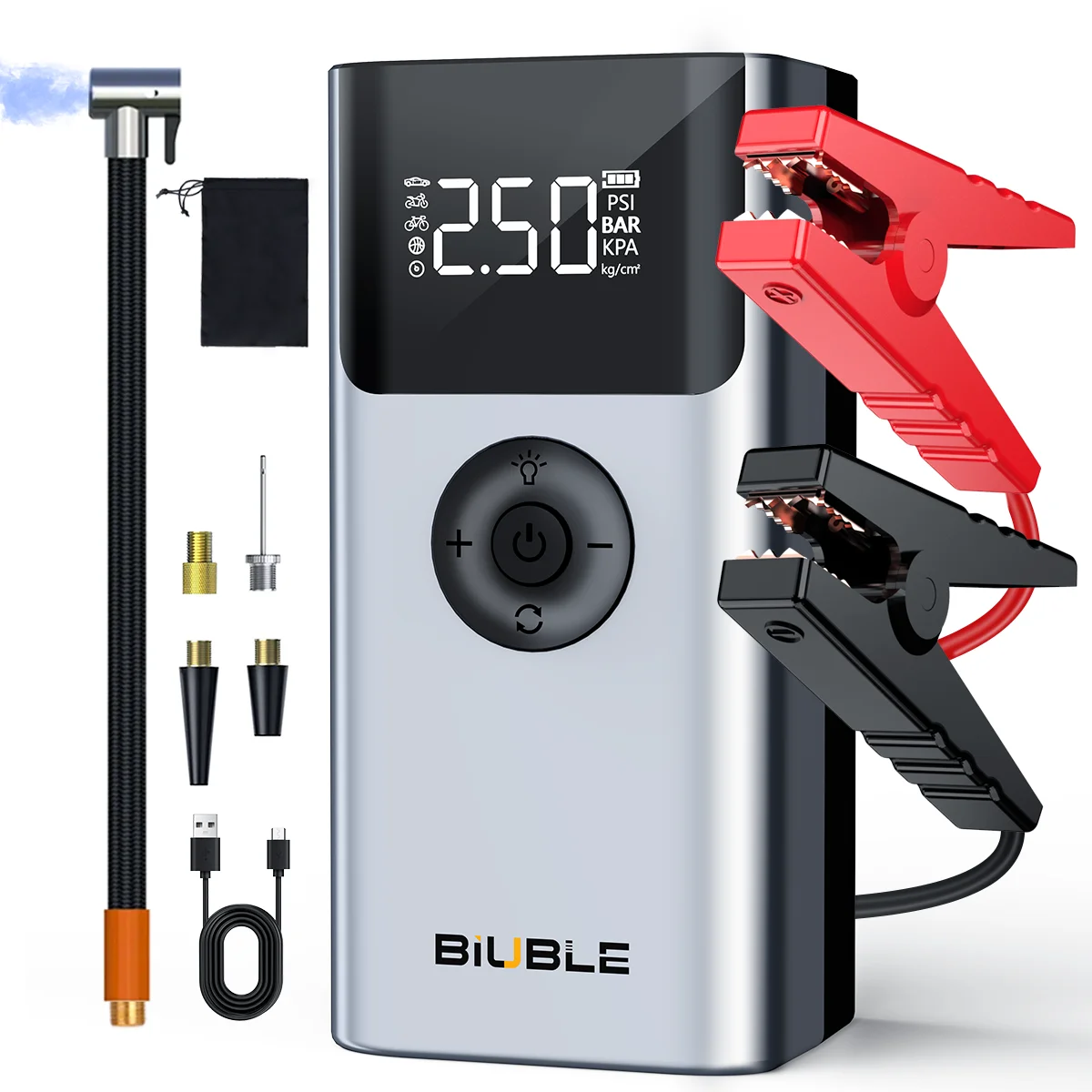 Démarreur de batterie portable 2-en-1 avec compresseur d'air, 25000 mAh, 1500 A, 12 V, pour voitures essence 7.5L ou diesel 6.0L, avec écran LCD et lumières LED 1