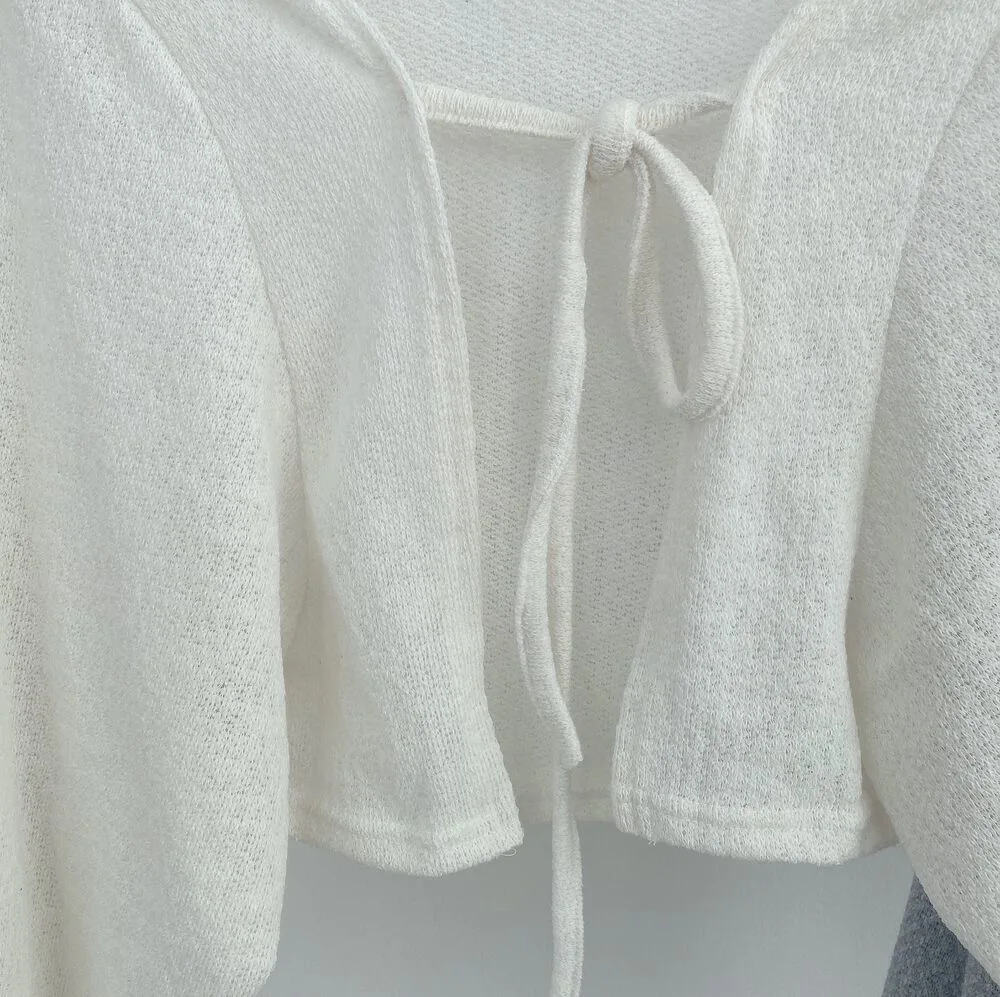 3 Colors Fashion Women Summer White Cardigan Sunscreen Lace-Up Knitwear Top Female Korean Style Lantern Sleeve Short Coat Woman - Image 3