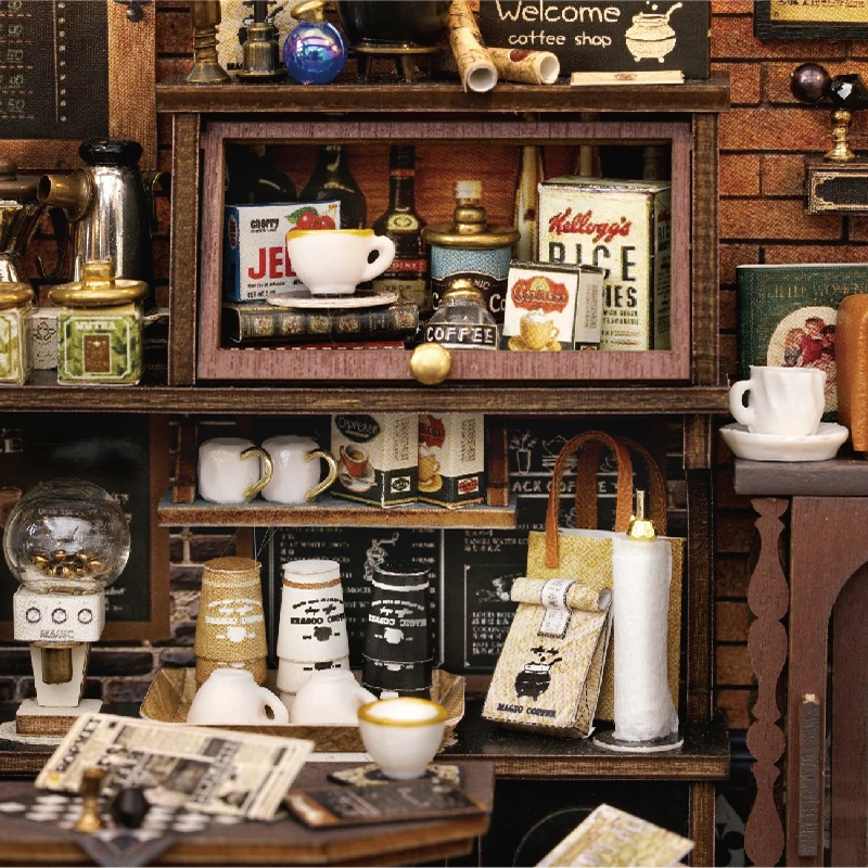 DIY Wooden Miniature Model Kit Magic Coffee Shop Casa Doll Houses 3D Puzzle Dollhouse With Furniture for Friends Christmas Gifts 5