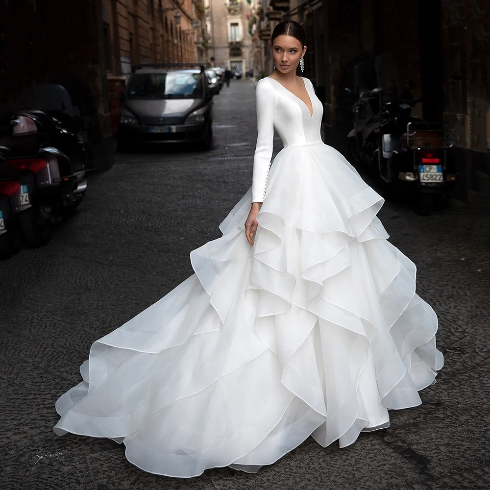 

Princess White V Neck Long Sleeves Wedding Dress Sexy Illusion Button Back Bridal Gown For Women Sweep Train Robe De Mariée 2023