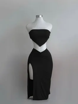 Strapless Backless Crop Top High Waist Skirt 2 Piece Set Women Summer Sexy Slim Fit Split Midi Dress Tube Suits Party Club Sets 1