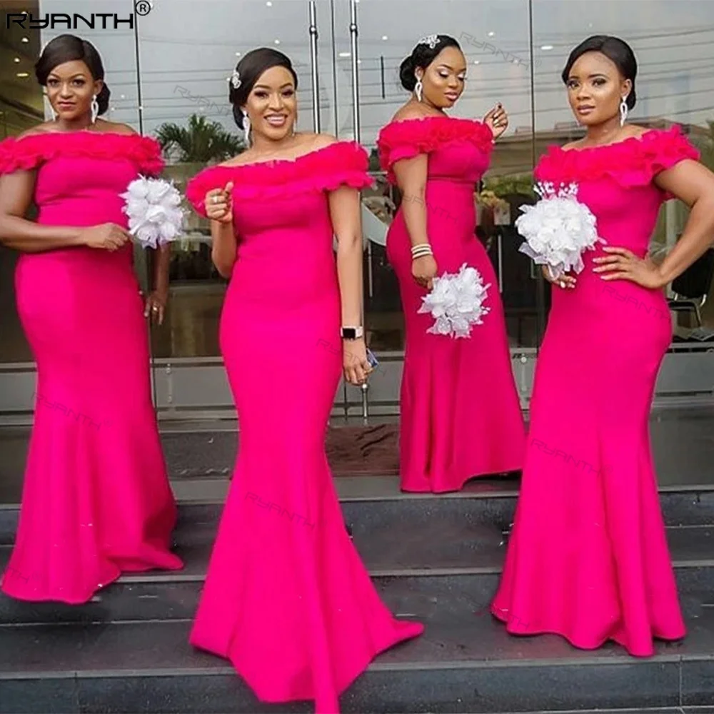

Hot Pink Mermaid Bridesmaid Dresses Off Shoulder Ruched Garden Country Stain Wedding Guest Evening Party Gowns Customized