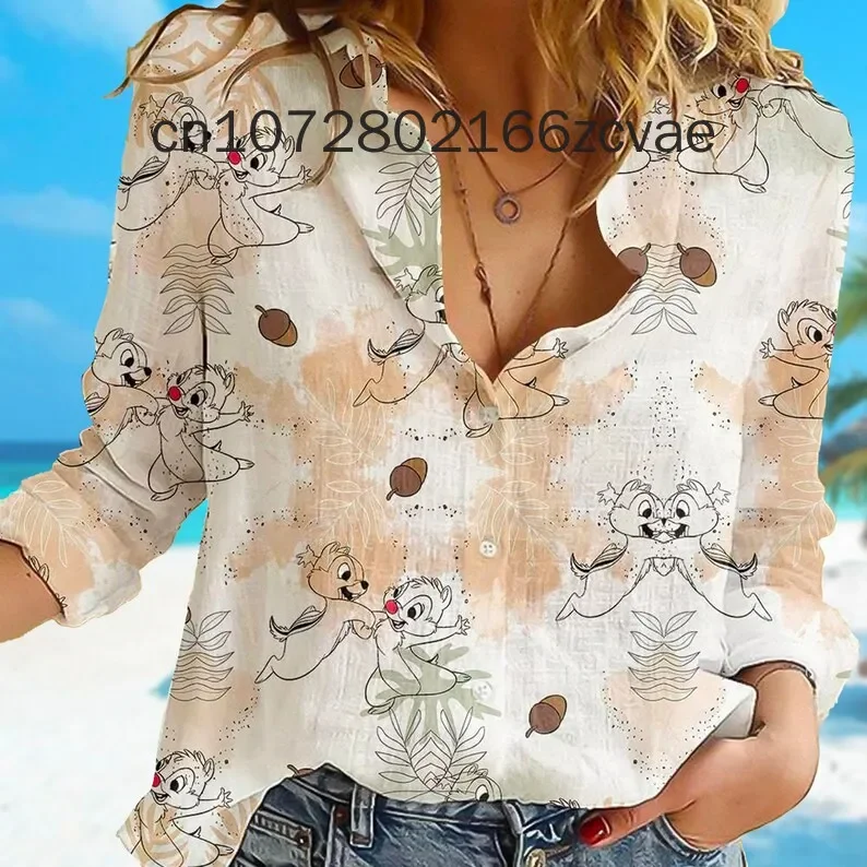 

New Disney Chip And Dale Women's Shirt Summer Long sleeved Button Casual Shirt Disney Fashion Beach Shirt Retro Top