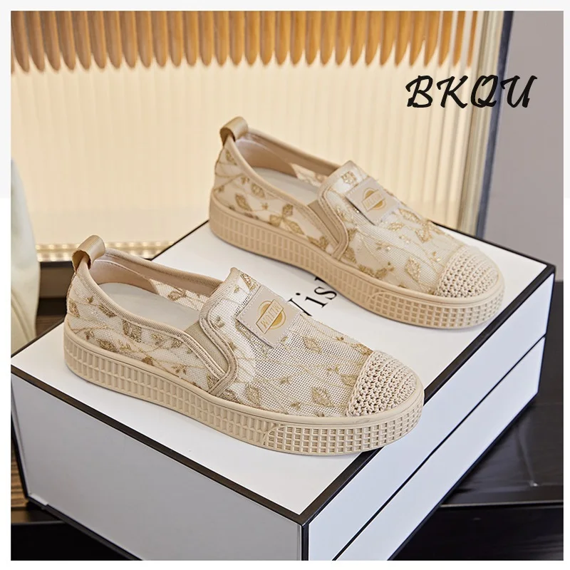BKQU Thick Sole Fisherman Women 2024 Summer New Breathable Lace Small Fragrance Single A Comfortable Slip-on Shoes