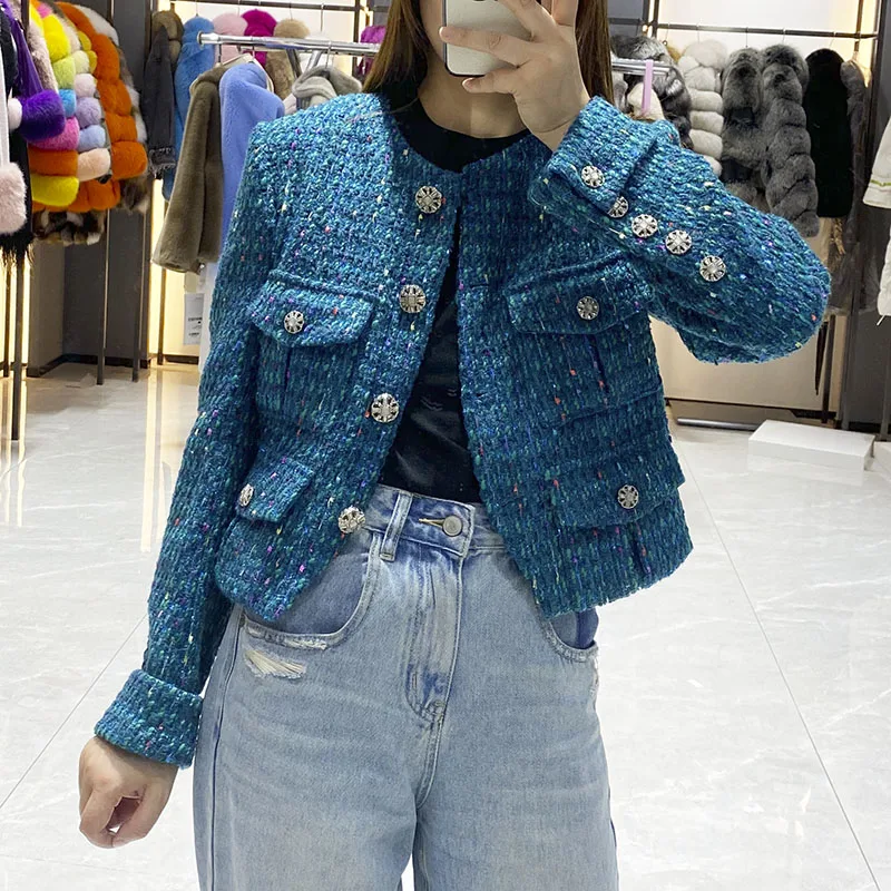 JANEFUR Women Tweed Short Coat 2024  Spring Elegant O Neck Cropped Jacket Female Luxury Korean Fashion Outwear