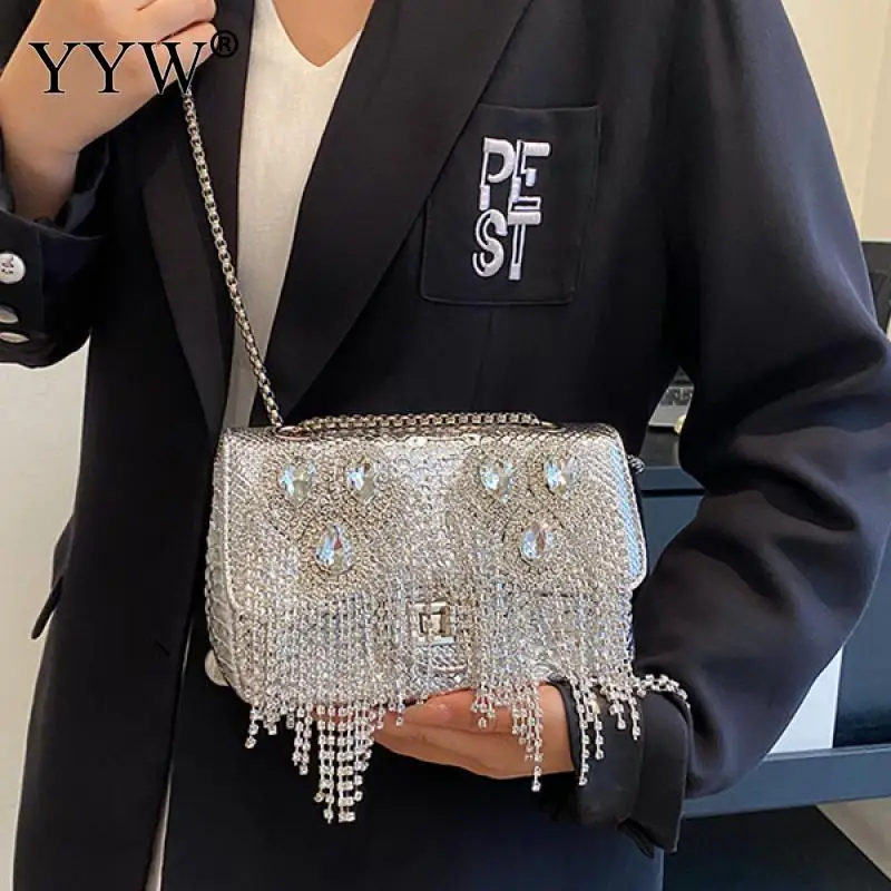 Newly Snakeskin Pattern Leather Women Clutch Handbag Bling Glitter Rhinestone Tassel Party Evening Messenger Purse Shoulder Bag