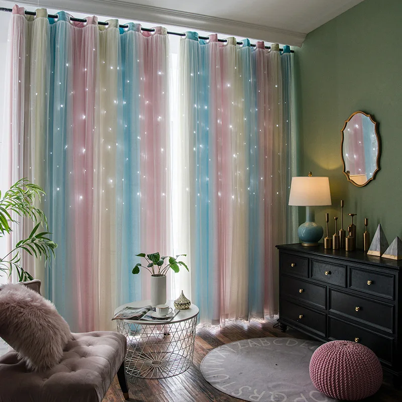 Cortinas Opacas Con Estrellas Para Dormitorio - 2 Paneles 132x160 Cm, Doble Capa, Térmicas, Rosa Y Amarillo