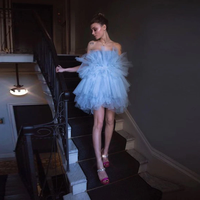 

Chic Layered Prom Gown Short Tulle Off Shoulder Sky Blue Women Mini Dress Ruffled Tutu Party Gowns Above Knee Length