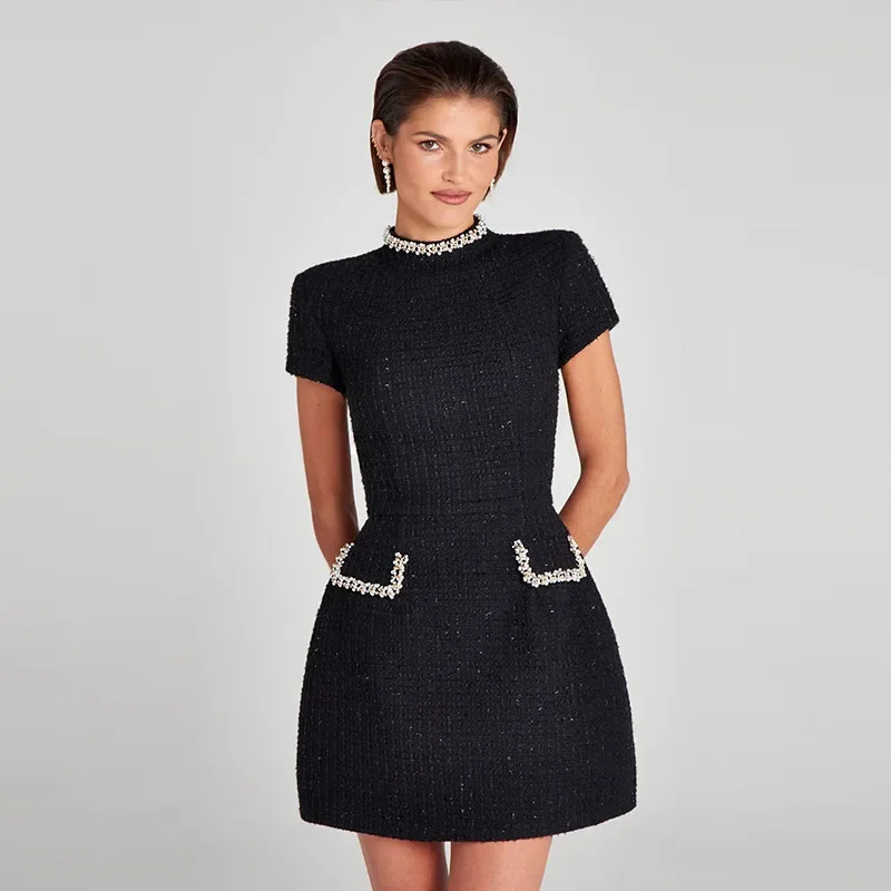 Elegant Tweed Short Party Dress Women Long Sleeve Square Collar Fake Pocket Evening Dresses Autumn Shiny Slim A-line Robes