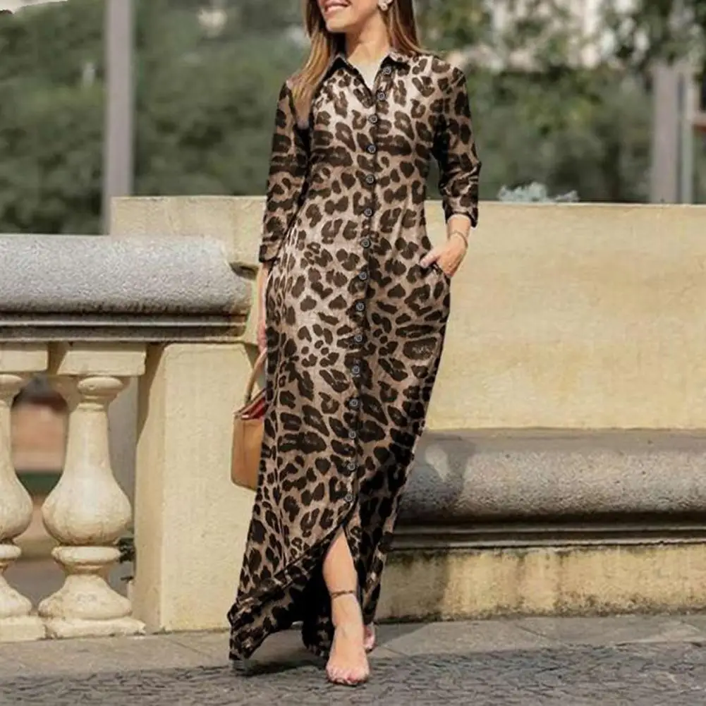 

Maxi Dress Printed Long-sleeve Dress Leopard Geometric Patchwork Print Maxi Dress for Women Spring Autumn Lapel Long Sleeve