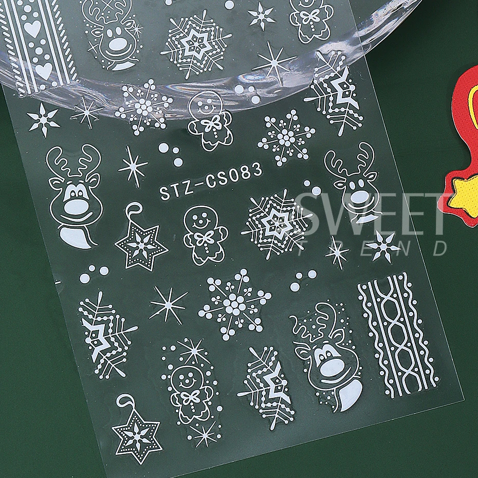 2pcs Christmas Nail Art Stickers 3D White Rose Gold Elk Snowflake Gingerbread Winter Nail Decals Sliders DIY Manicure Decoration