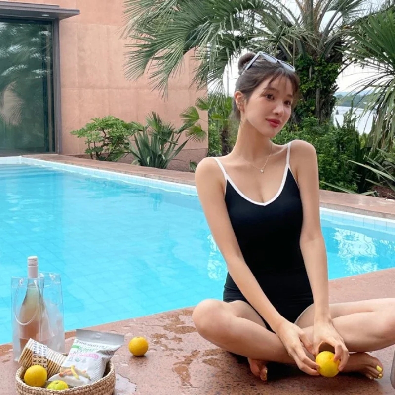 여성용 브이넥 원피스 수영복, 탈착식 브래지어 홀터 수영복, 섹시한 해변 휴가 컬러 블로킹 수영복, 여름