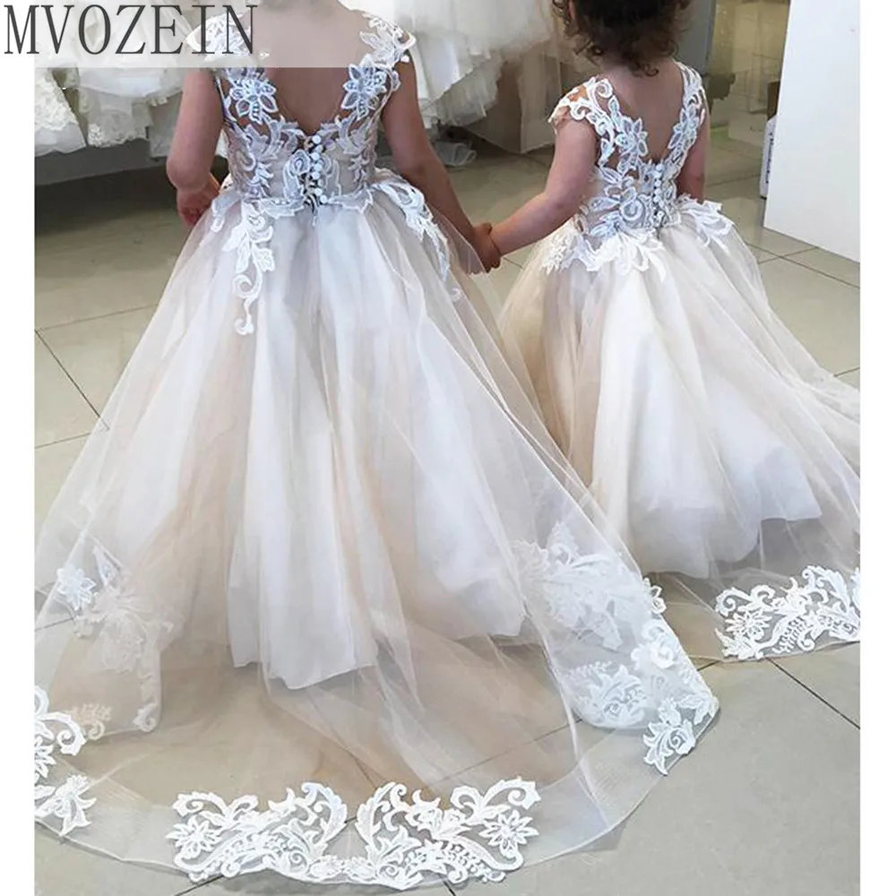 

Lace Flower Girl Dresses Sleeveless Button Back First Communion Dresses Champagne Girl Princess Dress robe de princesse fille