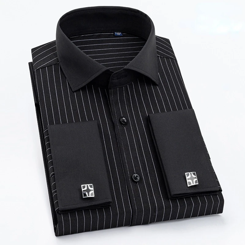 Quality Men French Cufflinks Shirt Hidden Button Men\'s Shirt Long Sleeve Casual Slim Fit Cuff Dress Shirts (Cufflinks Included)