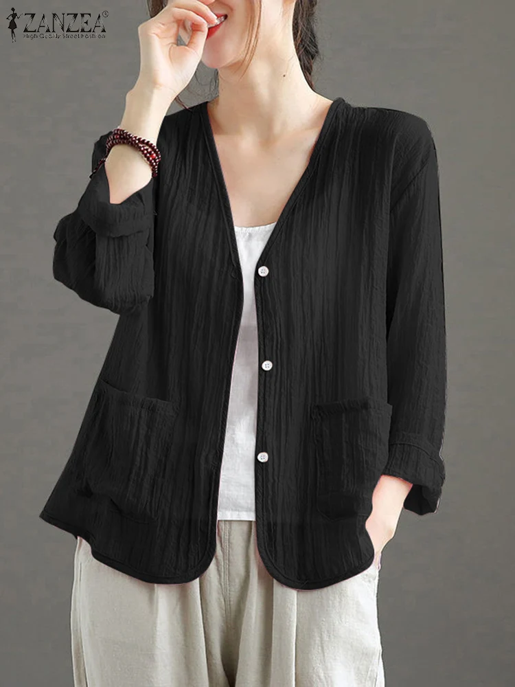 

ZANZEA Fashion Summer Cardigan Women V Neck Long Sleeve Solid Shirt Casual Female Thin Outwear Loose Tops Buttons Down Blouse