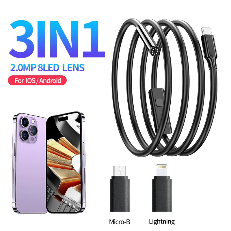 

Newest IOS Endoscope HD Mobile Endoscope Camera Type C Inspection Borescope Scope Camera Snake with 8 LED For Iphone Android