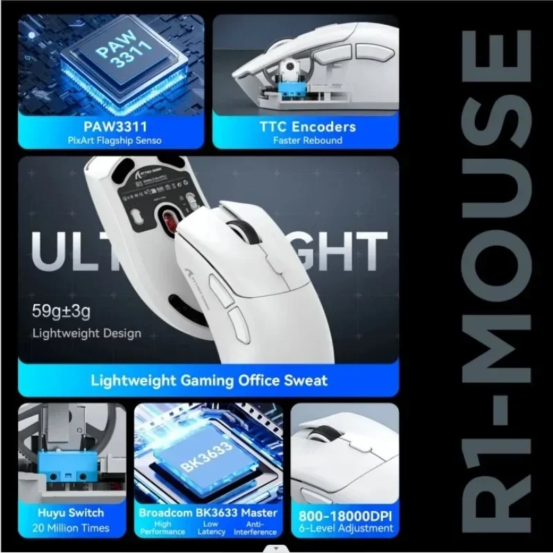 Wireless Mouse Attack Shark R1 18000dpi Bluetooth Ultra Lightweight Ergonomic Design PAW3311 Macro Gaming