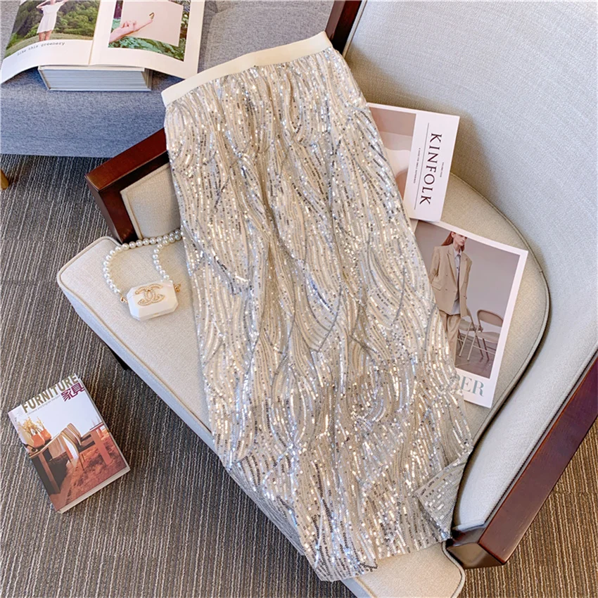 

Gowyimmes 2023 Spring Autumn Fashion Sexy Women Sequined Skirt Lady High Waist Split Skirts Female Party Skirt Bottomings PD1498