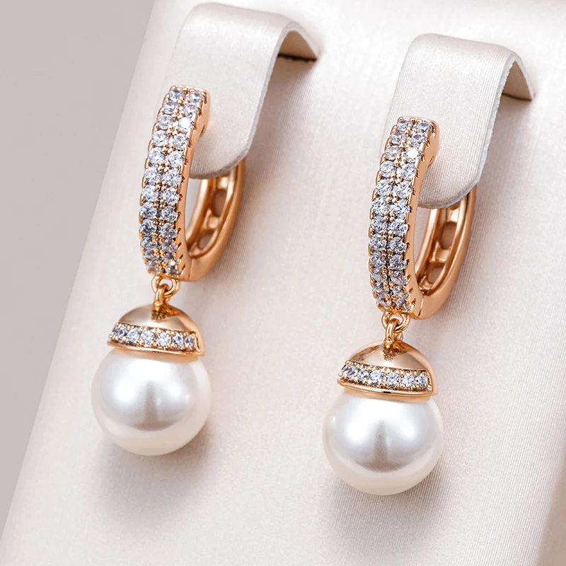 Kinel Luxury 585 Rose Gold Color Pearl Drop Earrings for Women Unique Natural Zircon Accessories Bridal Wedding Jewelry 2023 New