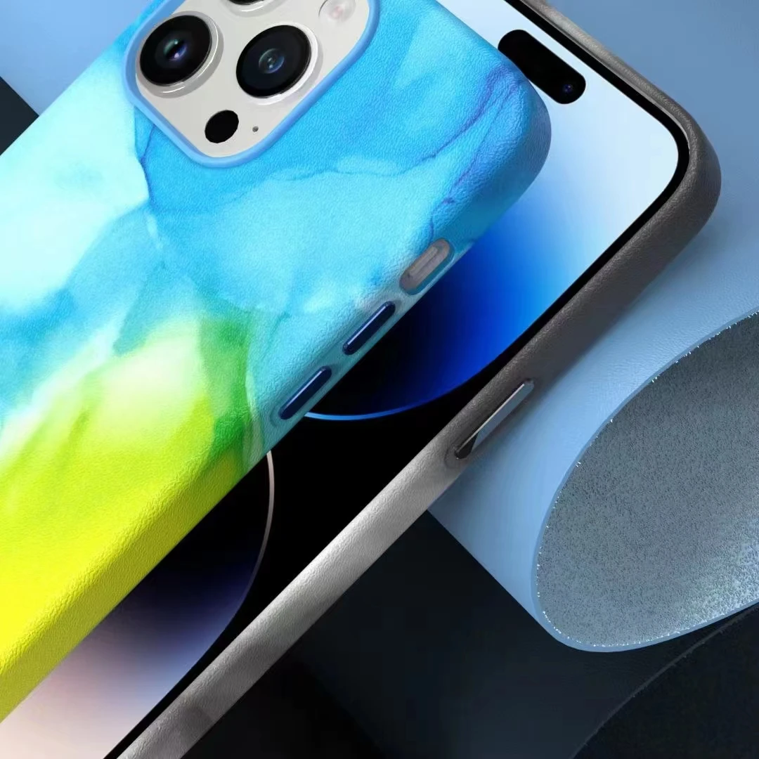 Original Gradient Ink Leather Phone Case For Magsafe For iPhone 14 Pro Max 13 12 Colorful Magnetic Wireless Charging Full Cover