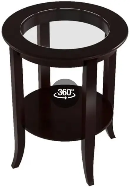Furniture-Wood Genoa End Table, Round Side /Accent Table , Inset Glass Espresso 6