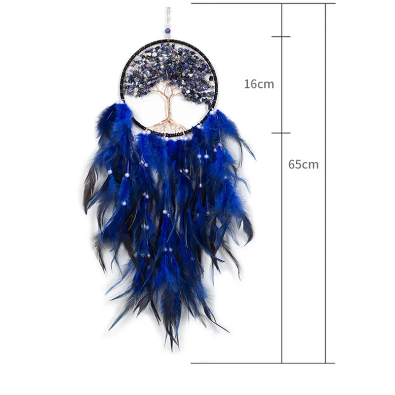 Acchiappasogni Con Albero Della Vita E Cristalli – Diametro Anello 16 Cm, Lunghezza 55 Cm, Decorazione Da Parete Etnica Per Camera Da Letto