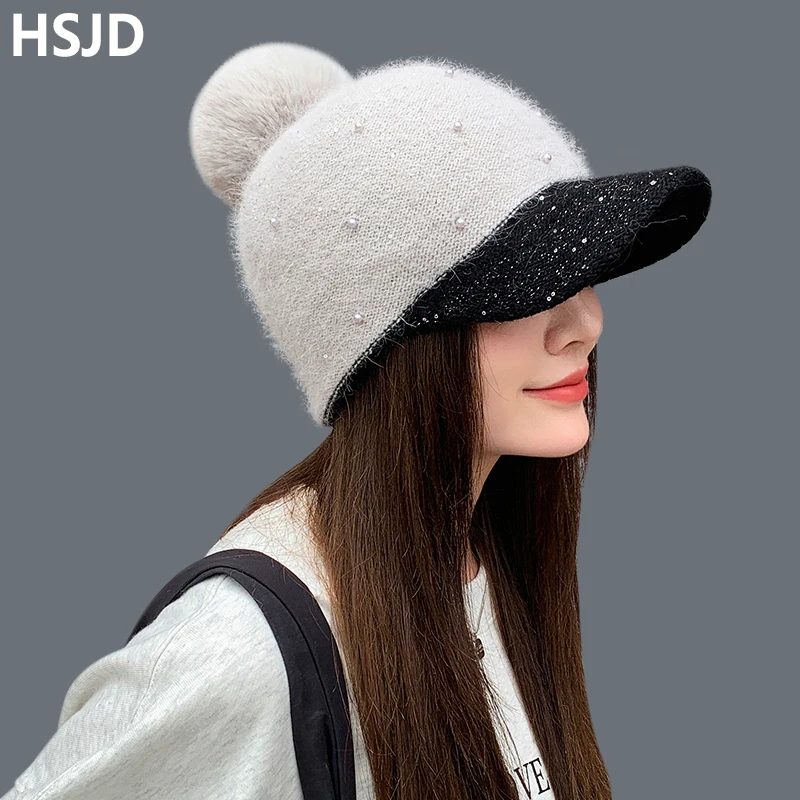 

Female Beanies Rabbit Hair Stripe Knitted Hats Winter Visor Hat Thick Warm Skullies Beanies Winter Hats For Women Soft Bonnet