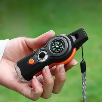 NEW 1PC 7 in 1 Survival Whistle High Decibel Rescue Whistle with LED Light Thermometer Compass Survival Reflective Signal Mirror 1