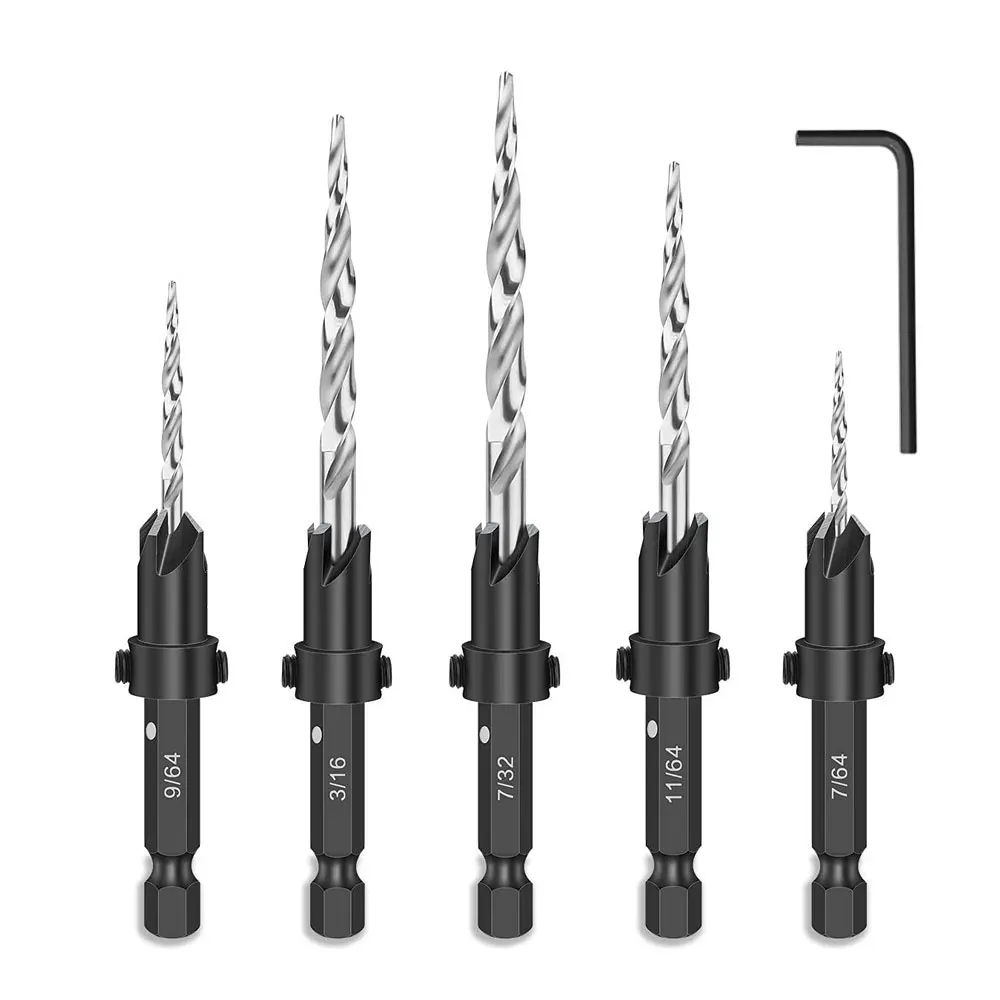 Set Punte Svasatrici Per Legno - 6 Pezzi Con Arresto Profondit&agrave;, Per Bosch Festool, HSS-M2, 1/4"