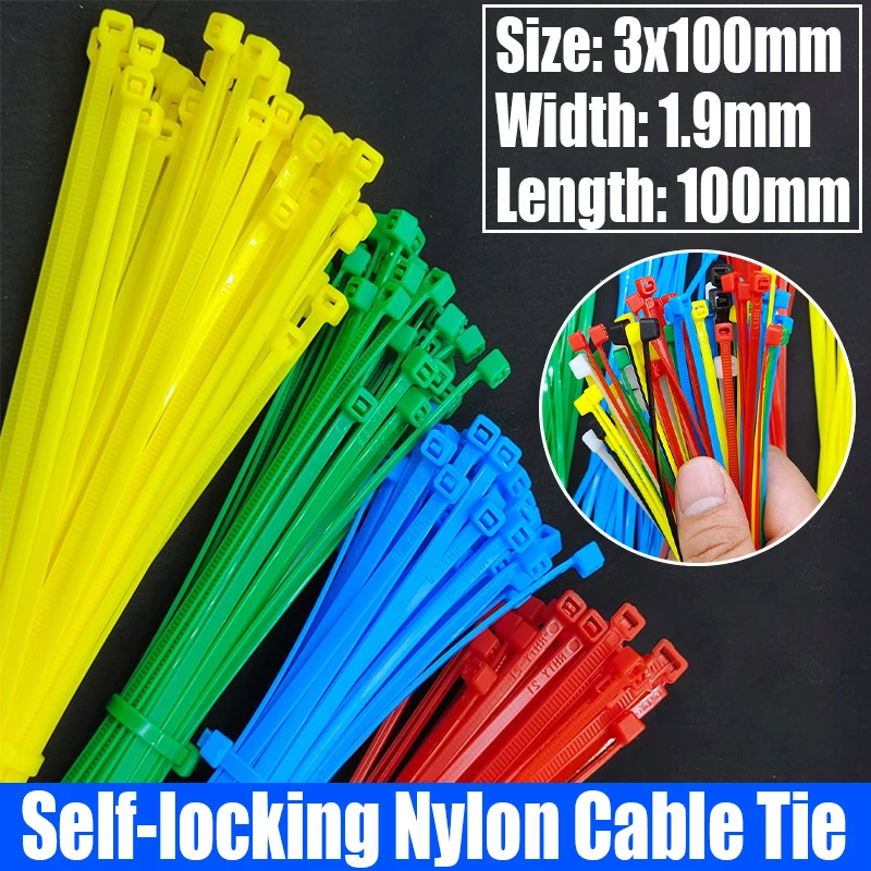 

1000PCS Colored Self-locking Plastic Nylon Cable Tie Zip Wrap Strap Nylon Cable Tie Cable/Wire Fastening Ring 3x100mm