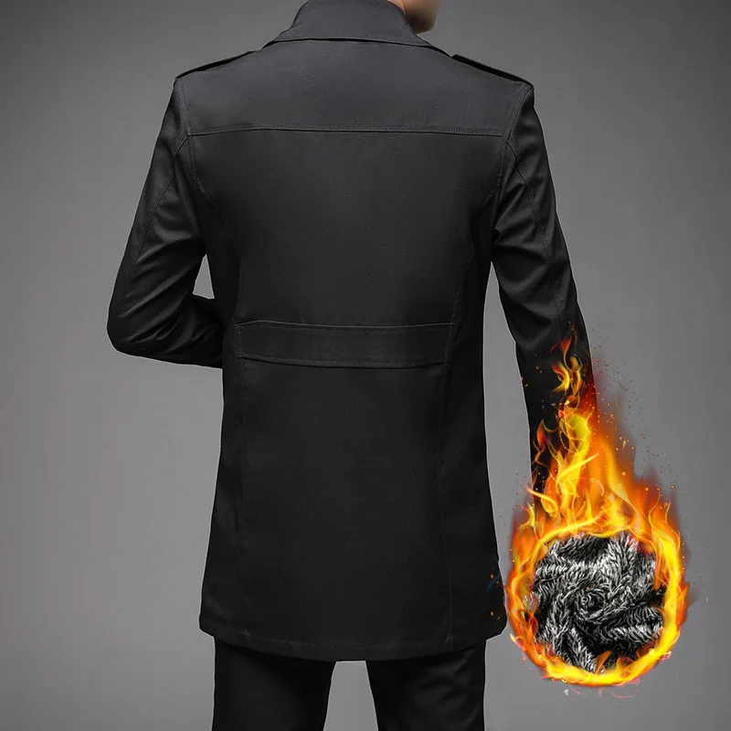 Men Autumn Winter Classic Plush Trench Windbreaker Coat Solid Business Casual Long Jacket Outerwear