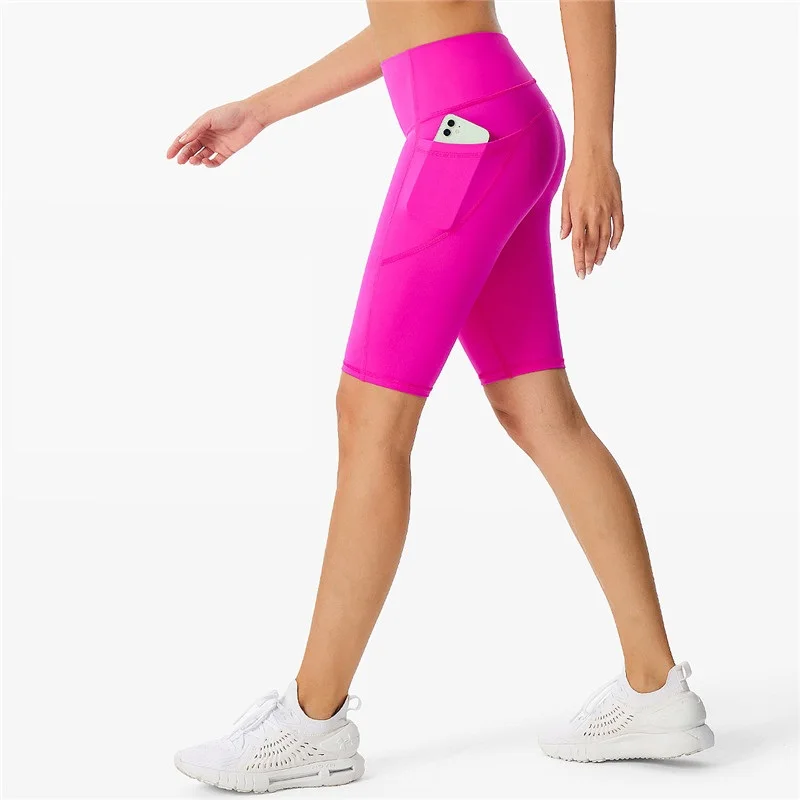 Solid Color Women Fitness Sports Short Side Pocket High Waist Sport Short Yoga Legging Cycling Athletic Comprehensive Training