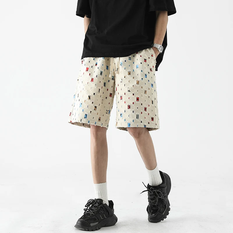 

Summer Cotton Hole Shorts Men Colored Plaid Shorts Men Streetwear Hip-hop Hollow Out Shorts Mens Beach Shorts Large Size 5XL