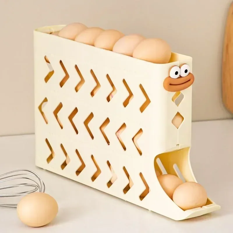 4 Tiers Automatic Rolling Egg Holder Rack New Large Capacity Egg Organizer Storage Box for Refrigerator Dispenser 30 Eggs