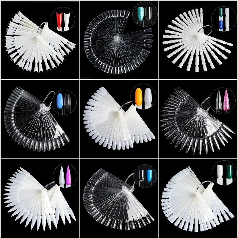 

50PCS/Set Nail Color Card for Nail Art Display False Tips Clear Nature Nail Art Display Oval Fan Style Practice Manicure Tools