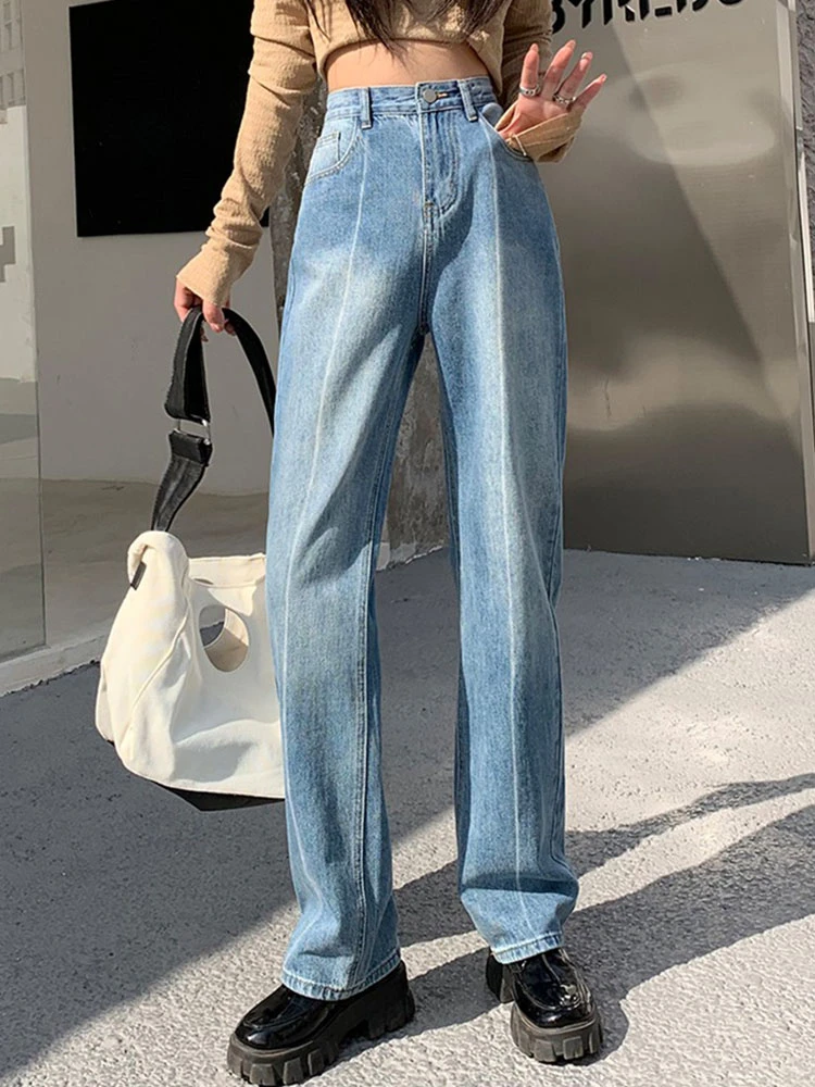 Yitimoky High Waisted Jeans for Woman Full Length Blue Wide leg Pants Trousers Female Trousers Denim Bagge Spring 2022 Mom Jeans paige jeans