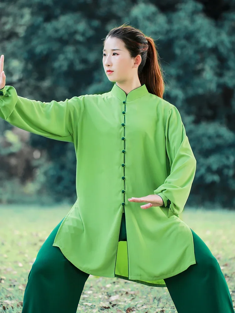 

Summer Breathable Kung Fu Shirts Wing Chun Training Vintage Sport Tops Martial Arts Taichi Uniform Green Long Sleeve Suit