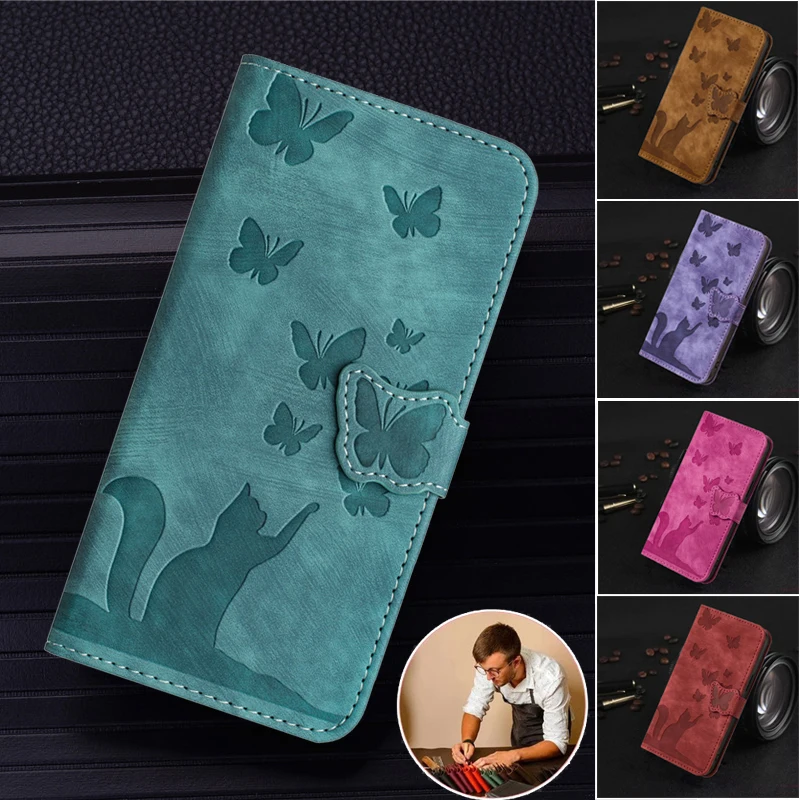 Butterfly & Cat Leather Wallet Flip Cover Case